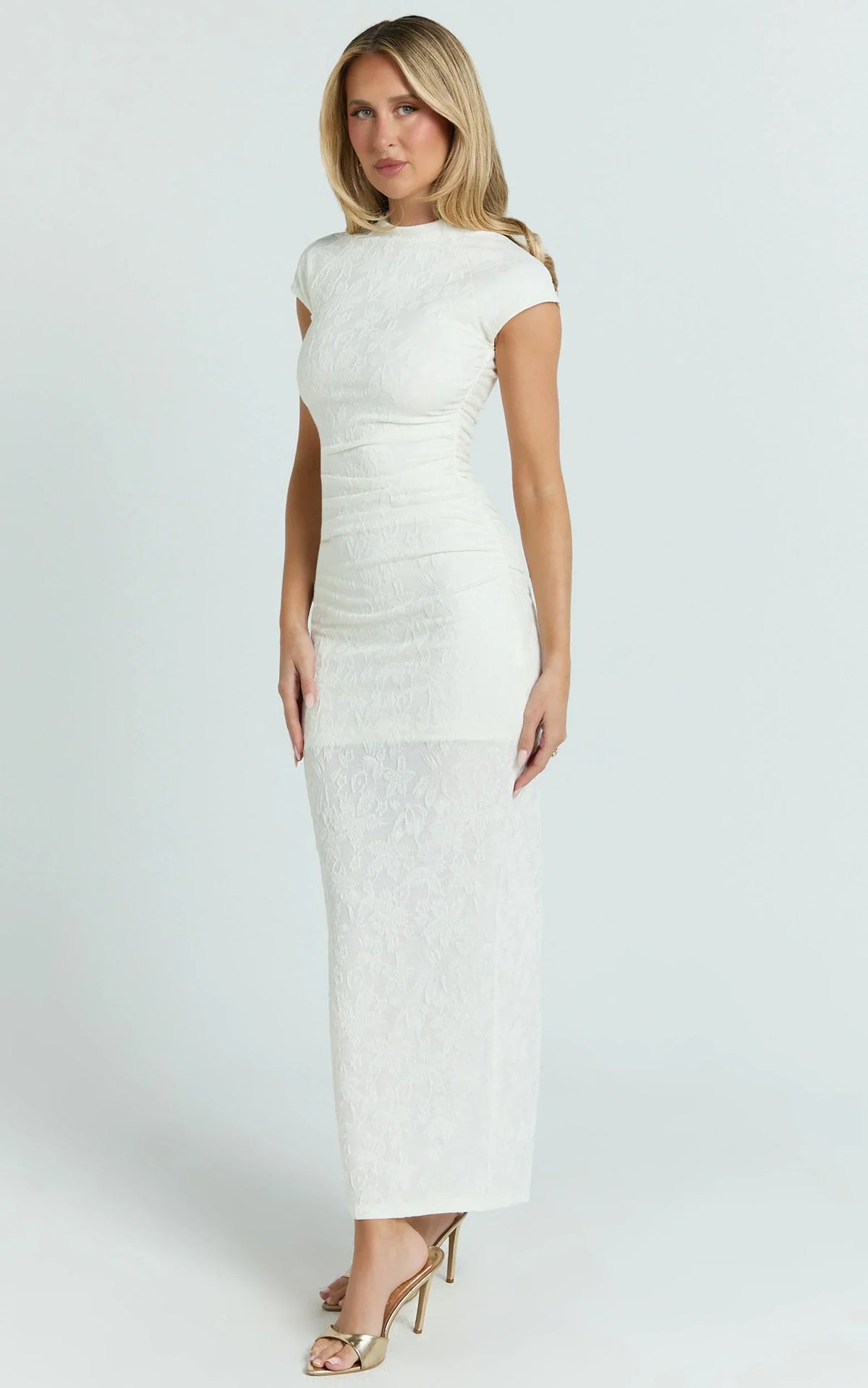 Kayrene Maxi Dress - Short Sleeve Jacquard Dress in Cream