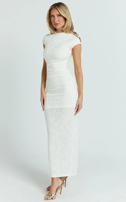 Kayrene Maxi Dress - Short Sleeve Jacquard Dress in Cream