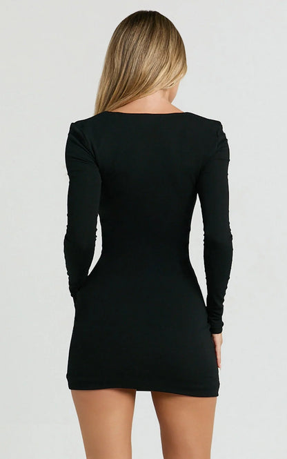 Benji Mini Dress - Square Neck Long Sleeve Bodycon Dress in Black