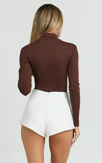 Isabela Bodysuit - High Neck Long Sleeve Ribbed Bodysuit in Brown