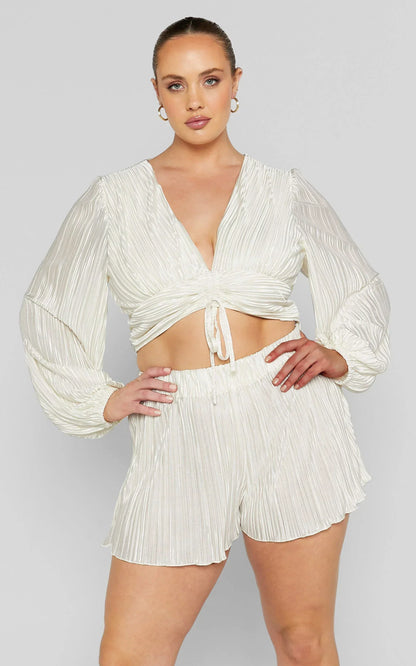 Archer Shorts - High Waisted Plisse Shorts in Cream