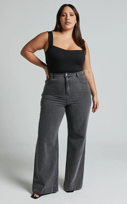 Emman Jeans - High Waisted Cotton Wide Leg Denim Jeans in Washed Black