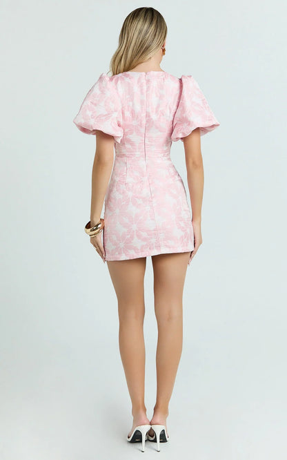 Diana Mini Dress - Jacquard Short Sleeve Cut Out Dress in Light Pink