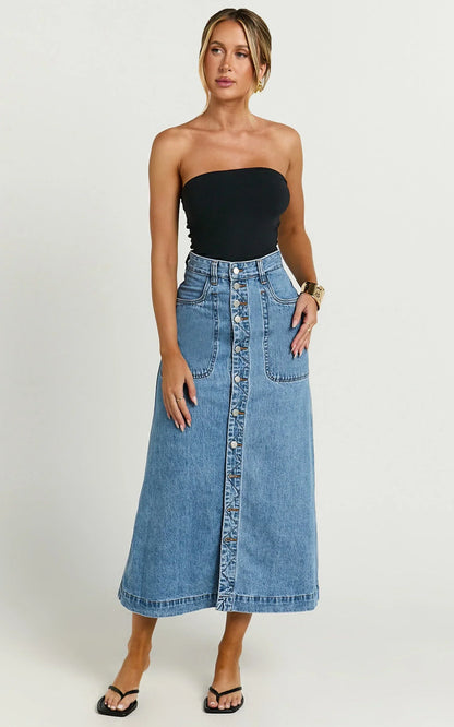 Alisa Midi Skirt - Button Through A Line Denim in Mid Blue Wash