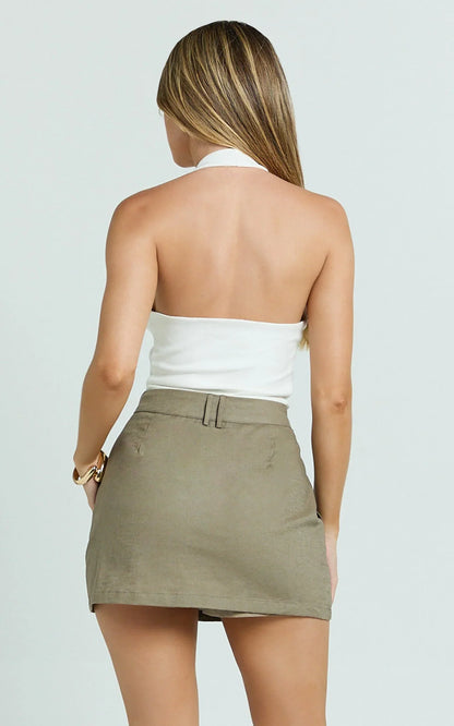 Dream Linen Blend Skort - High Waisted A Line Skort in Olive