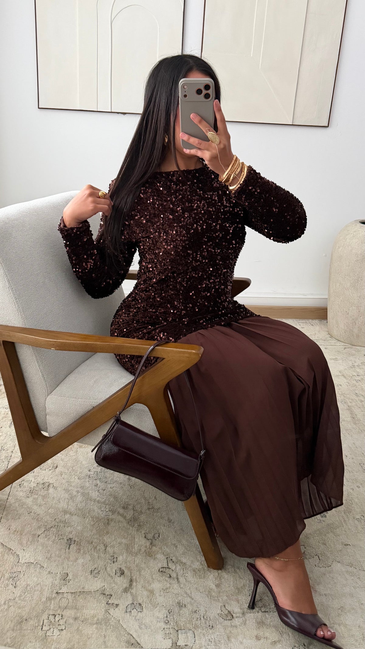 Robe A Sequins Plissee I Chocolat