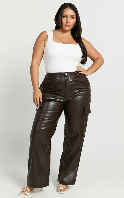 Elviera Pants - High Waisted Faux Leather Cargo Pants in Dark Chocolate