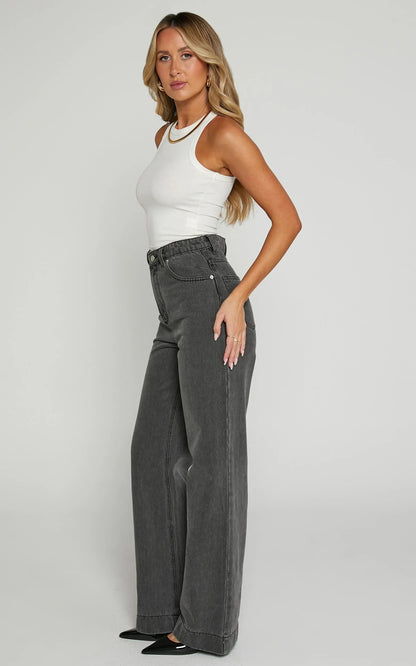 Emman Jeans - High Waisted Cotton Wide Leg Denim Jeans in Washed Black