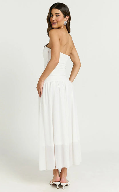 Cherie Midi Dress - Strapless Drop Waist Dress in Ivory