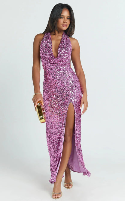 Julien Maxi Dress - Backless Cowl Plunge Neck High Split Sequin Dress in Pink