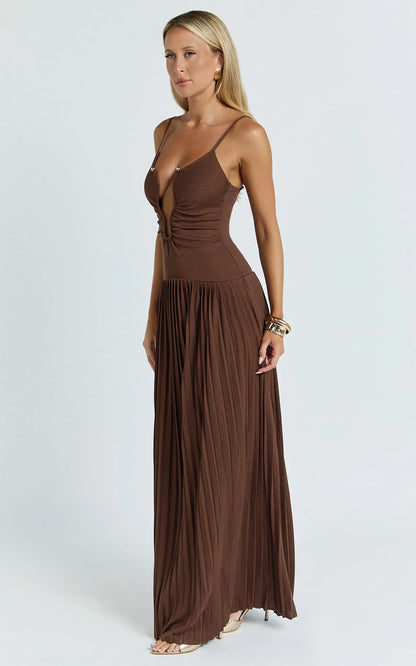 Hathaway Maxi Dress - U Shaped Neck Pleated Dress in Chocolate