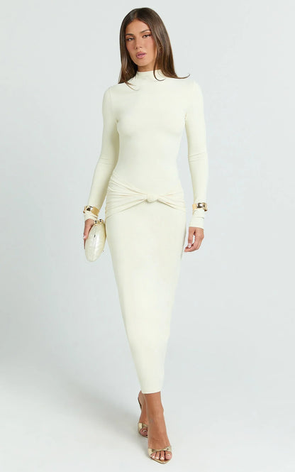 Amelita Midi Dress - Long Sleeve Knot Detail Dress in Cream