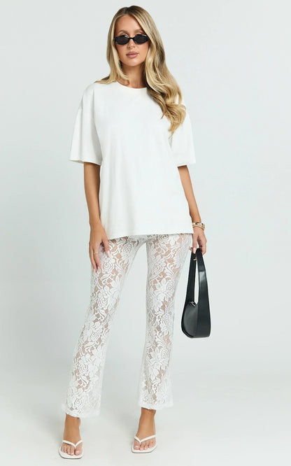 Jaclyn Pants - Mid Waist Lace Straight Leg Pants in White