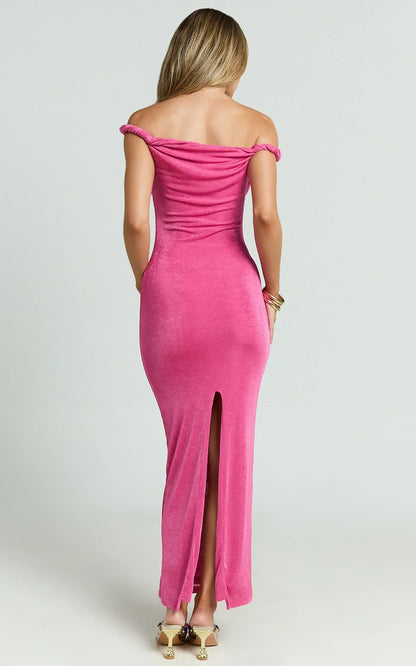 Isabel Midi Dress - Twist Off Shoulder Bodycon Dress in Pink