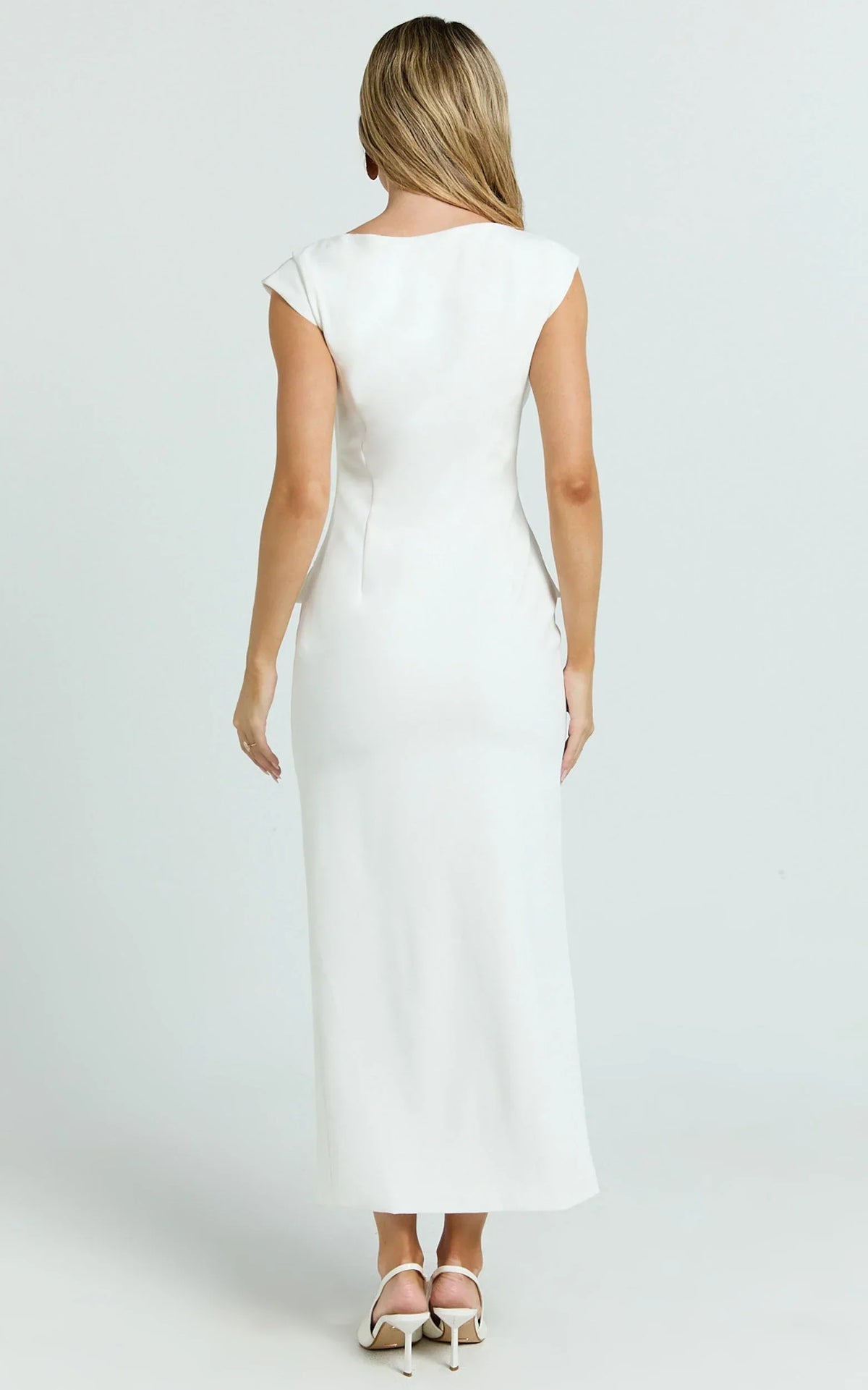 Calista Midi Dress - Boat Neck Button Down Pencil Dress in White