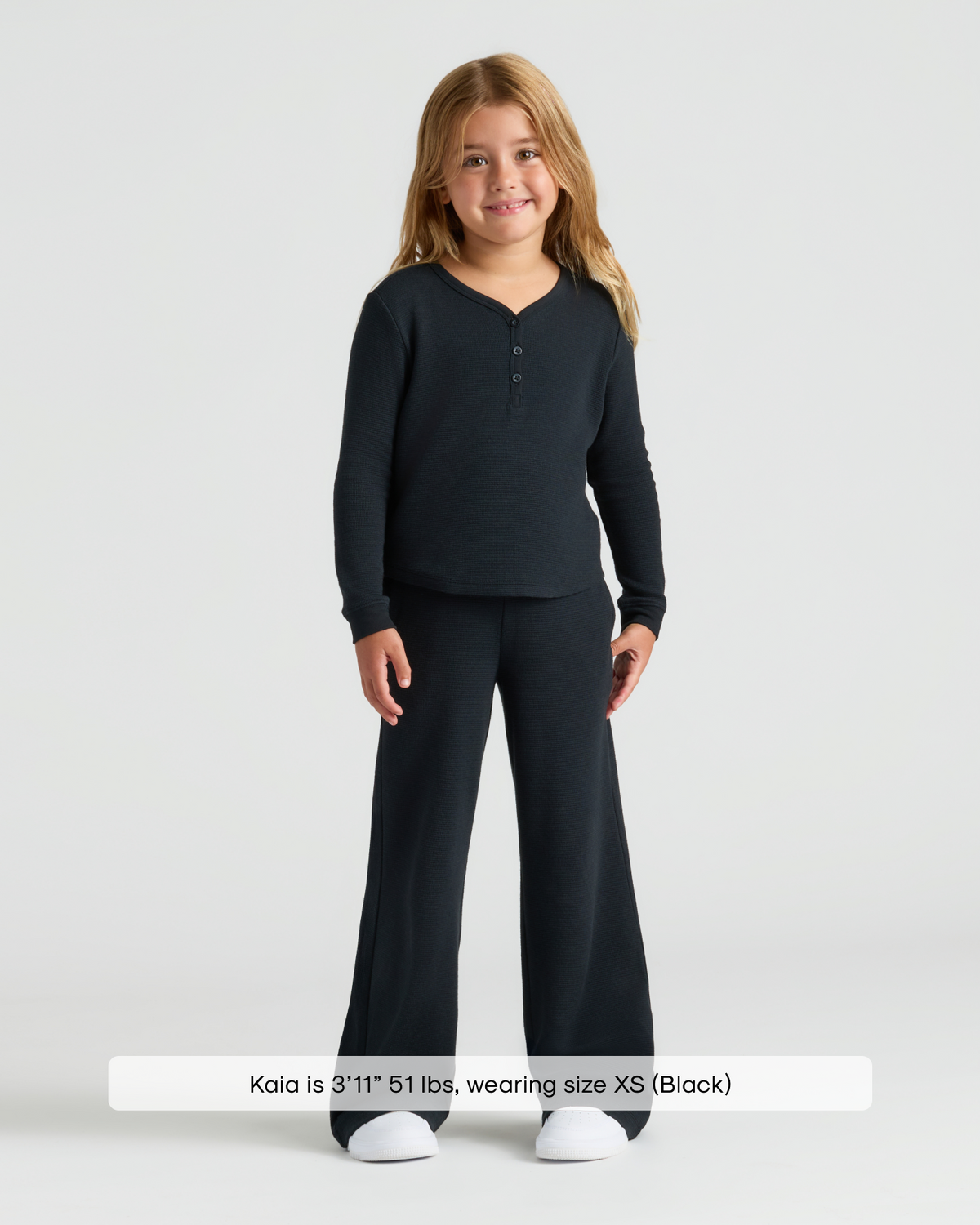 Girls Black Long Sleeve Boxy Waffle Henley