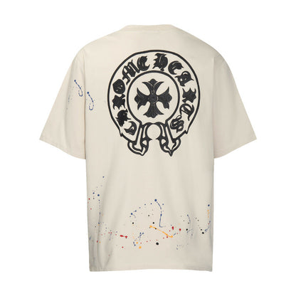 Chrome Heart T Shirts Cross Leather Print Short Sleeve T-Shirt Loose
