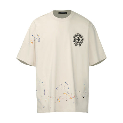 Chrome Heart T Shirts Cross Leather Print Short Sleeve T-Shirt Loose
