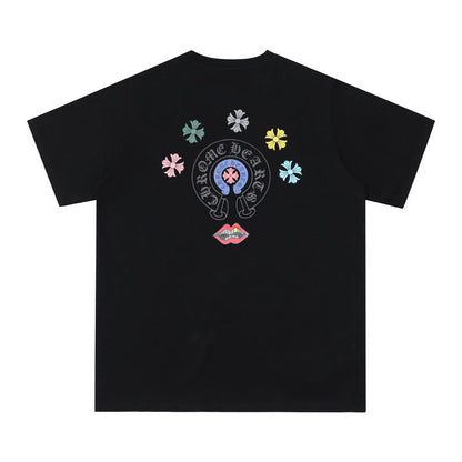 Chrome Heart T Shirts Cross Leather Print Short Sleeve T-Shirt Loose
