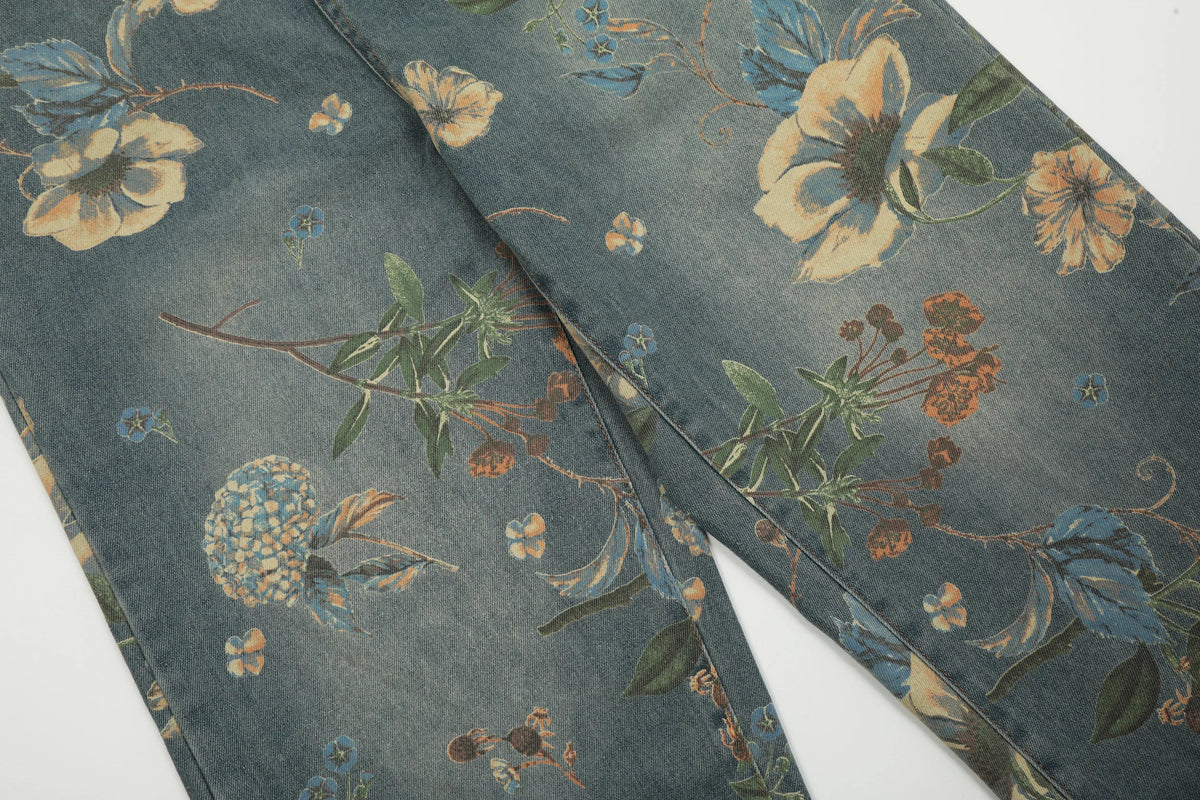 2026 New Vintage Floral Print Wide Leg Denim Pants Y2K High Waisted Distressed Washed Jeans Streetwear Loose Casual Trousers
