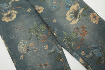 2026 New Vintage Floral Print Wide Leg Denim Pants Y2K High Waisted Distressed Washed Jeans Streetwear Loose Casual Trousers