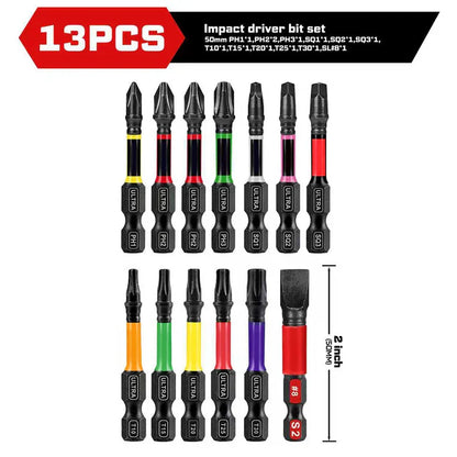 13PCS Impact Phillipes/Square/Slotted Screwdriver Bits Set 2'' Magnetic S2 Steel Bits Set Color Coded Base Drill bit accessories