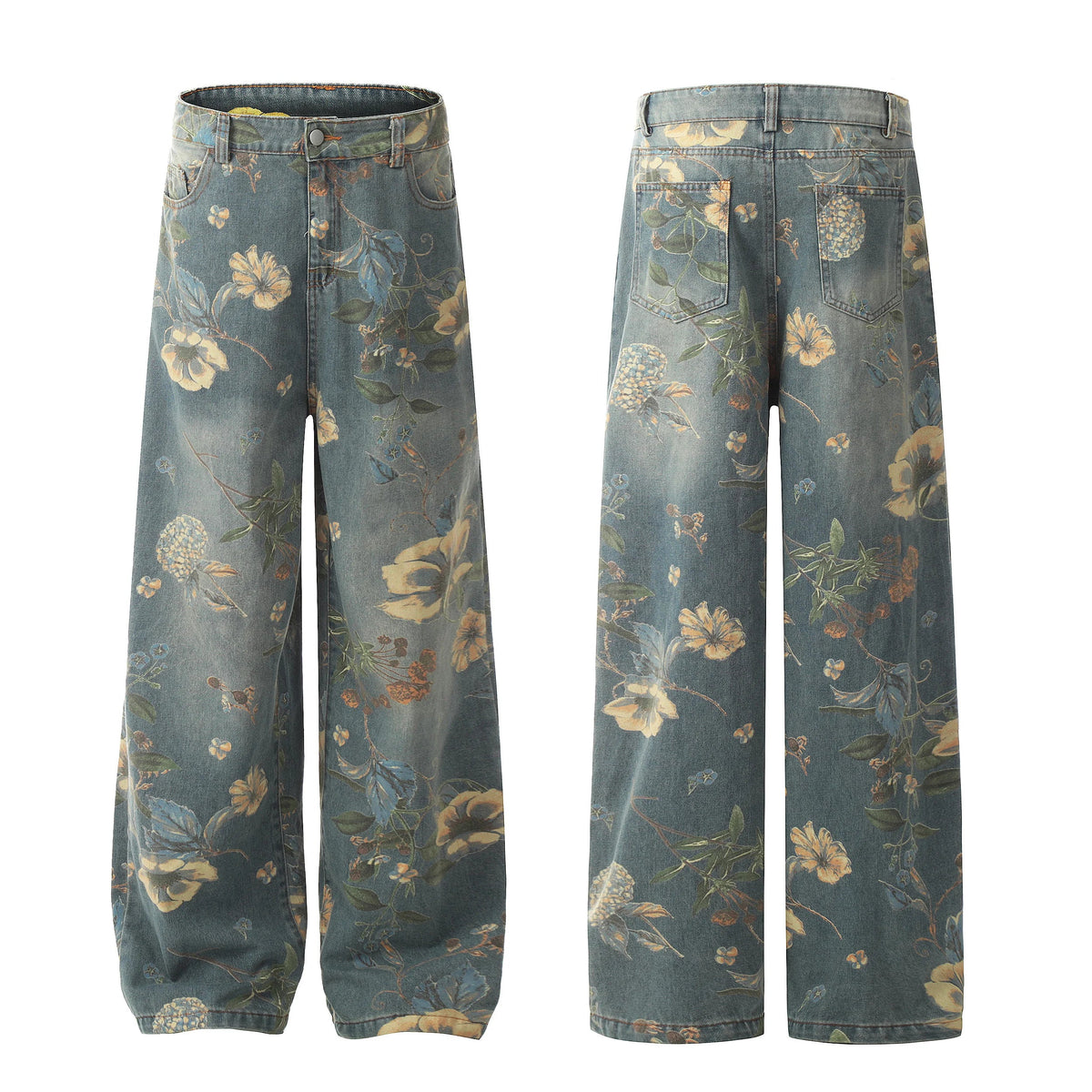 2026 New Vintage Floral Print Wide Leg Denim Pants Y2K High Waisted Distressed Washed Jeans Streetwear Loose Casual Trousers