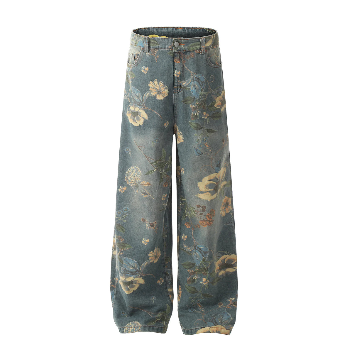 2026 New Vintage Floral Print Wide Leg Denim Pants Y2K High Waisted Distressed Washed Jeans Streetwear Loose Casual Trousers
