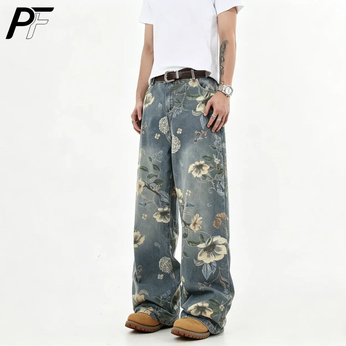 2026 New Vintage Floral Print Wide Leg Denim Pants Y2K High Waisted Distressed Washed Jeans Streetwear Loose Casual Trousers