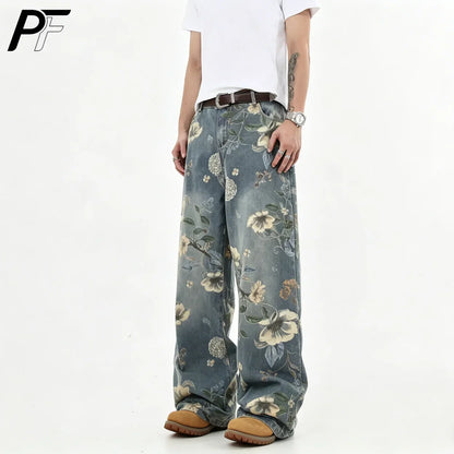 2026 New Vintage Floral Print Wide Leg Denim Pants Y2K High Waisted Distressed Washed Jeans Streetwear Loose Casual Trousers
