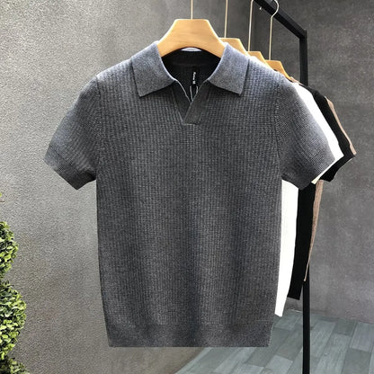 2026 Men's Summer Polo Shirt Korean Style Slim Wrinkle Resistant Collar Solid Color T-Shirts Casual Thin Sleeve Trendy Knit Tops