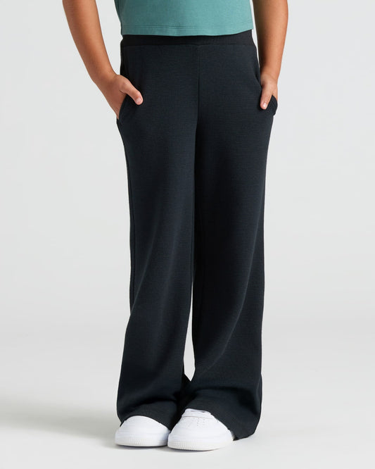 Girls Black Waffle Wide Leg Pants
