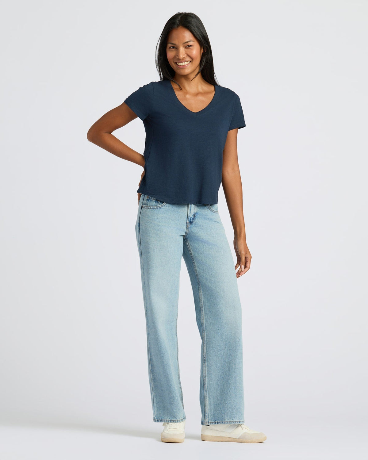 Womens Navy Relaxed Slub V-Neck Tee