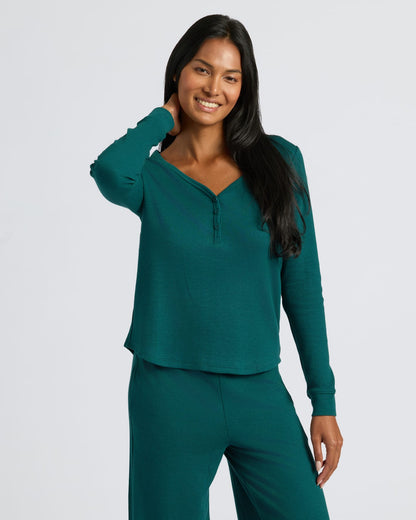 Womens Deep Emerald Waffle Long Sleeve Henley & Waffle Leg Pant 2-Pack