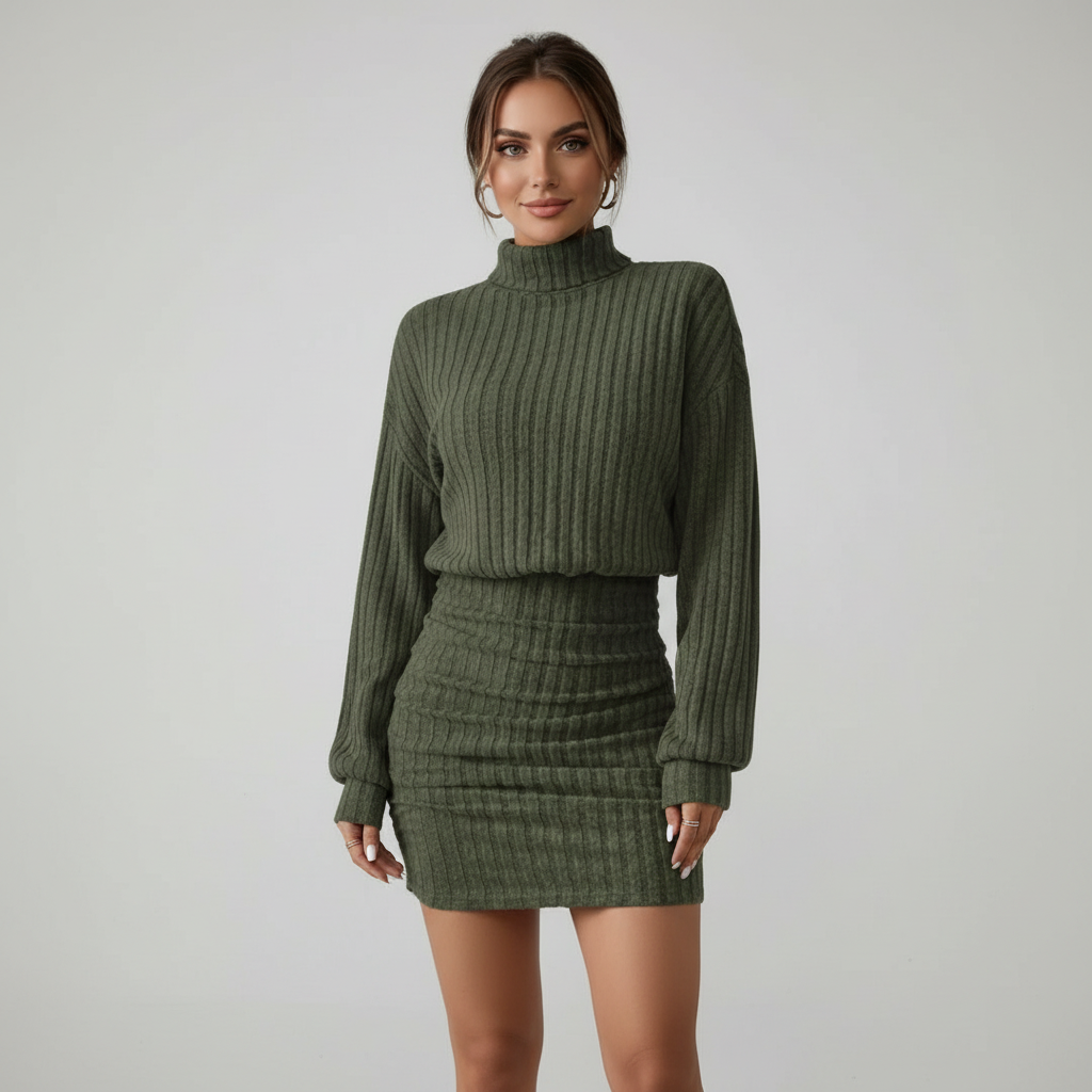 Turtleneck Long Sleeved Ribbed Dress