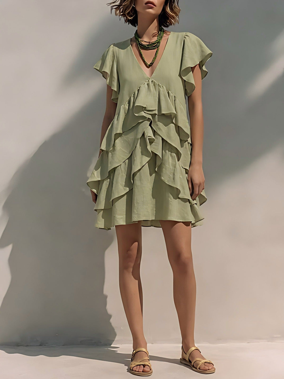Women's V-Neck Ruffle Sleeve Casual Loose Dress