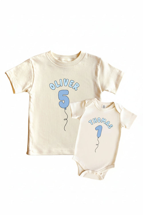 Personalized Blue Birthday Graphic Bodysuit & Kids Tee | Natural