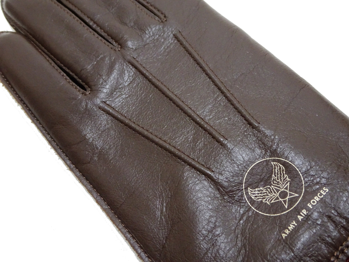 Buzz Rickson Men's Type A-10 Leather Gloves - U.S. Army Air Forces Reproduction - Made in Japan - (BR02835 01 Brown Leather with Red Ribbed Knit Wrist Cuffs)