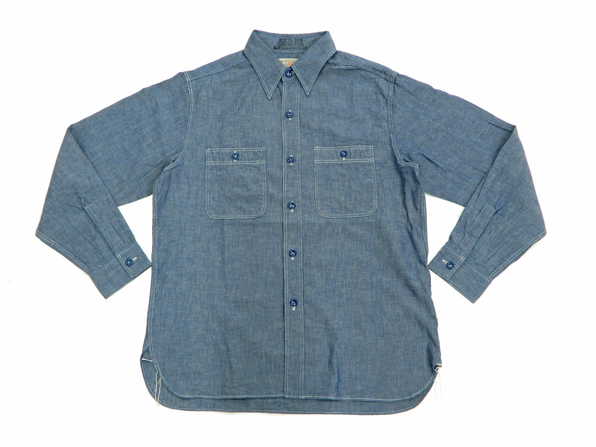 Buzz Rickson Chambray Shirt Men's U.S. Navy Military Style Plain Long Sleeve Button Up Shirt BR25995 Blue Chambray