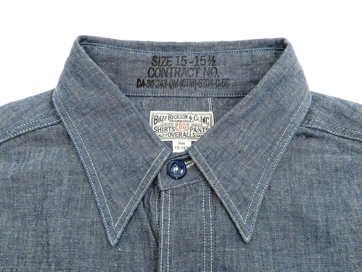 Buzz Rickson Chambray Shirt Men's U.S. Navy Military Style Plain Long Sleeve Button Up Shirt BR25995 Blue Chambray