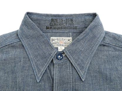 Buzz Rickson Chambray Shirt Men's U.S. Navy Military Style Plain Long Sleeve Button Up Shirt BR25995 Blue Chambray