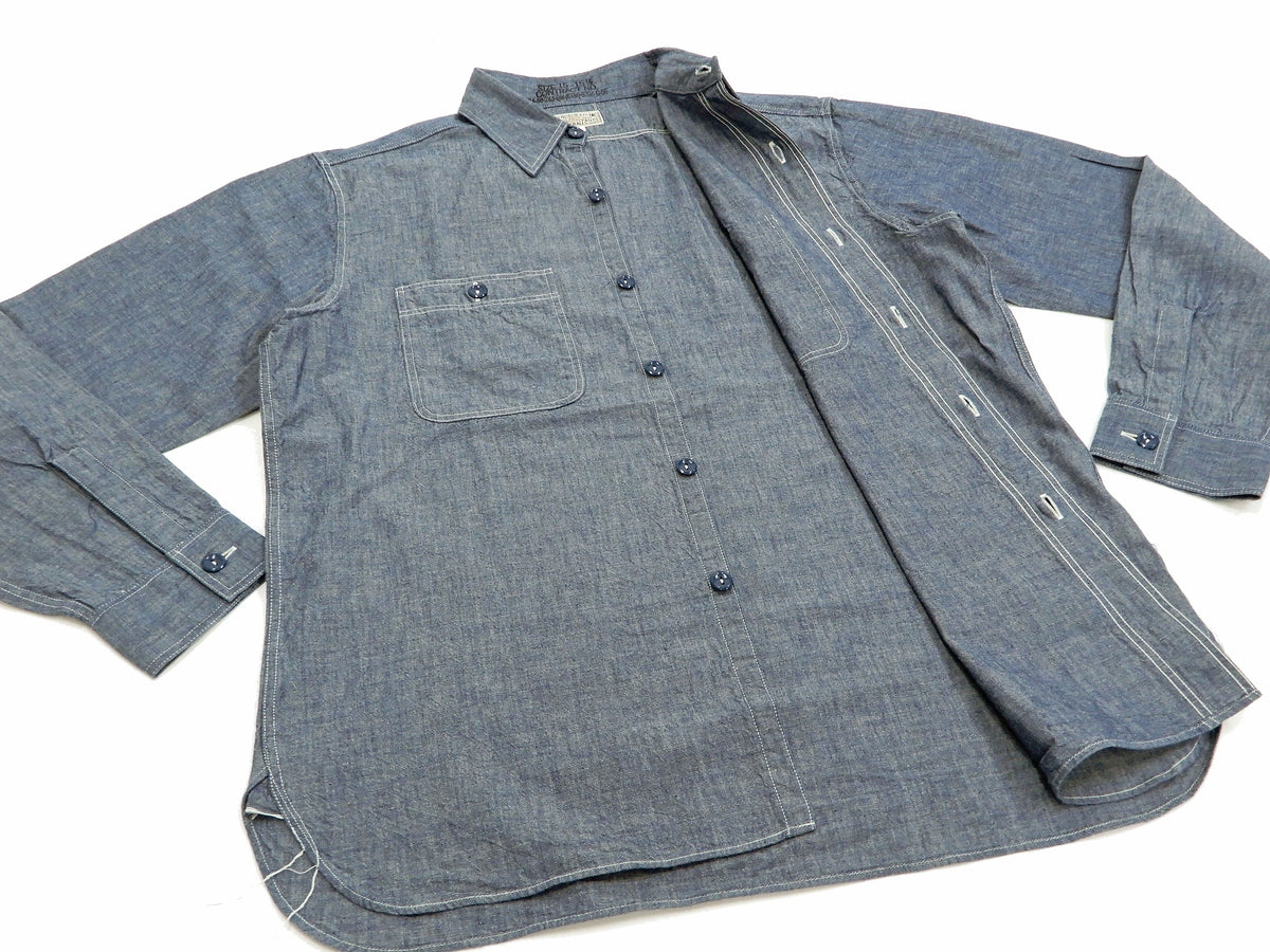 Buzz Rickson Chambray Shirt Men's U.S. Navy Military Style Plain Long Sleeve Button Up Shirt BR25995 Blue Chambray