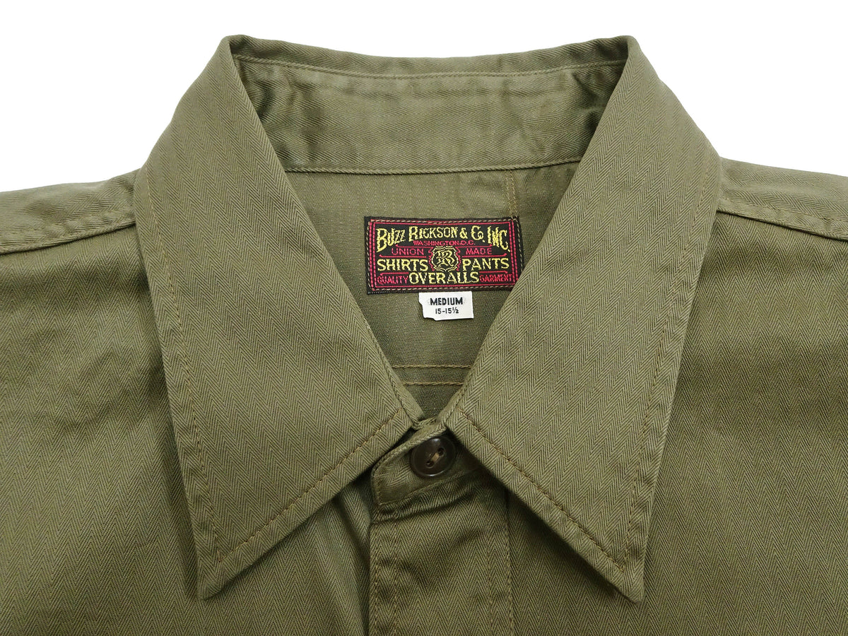 Buzz Rickson Herringbone Work Shirt - Men's Casual Military-Inspired Solid HBT Short-Sleeve Button-Up Shirt BR39530 149) Olive