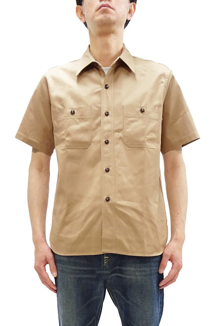 Buzz Rickson Herringbone Work Shirt - Men's Casual Military-Inspired Solid HBT Short-Sleeve Button-Up Shirt BR39530 133) Beige