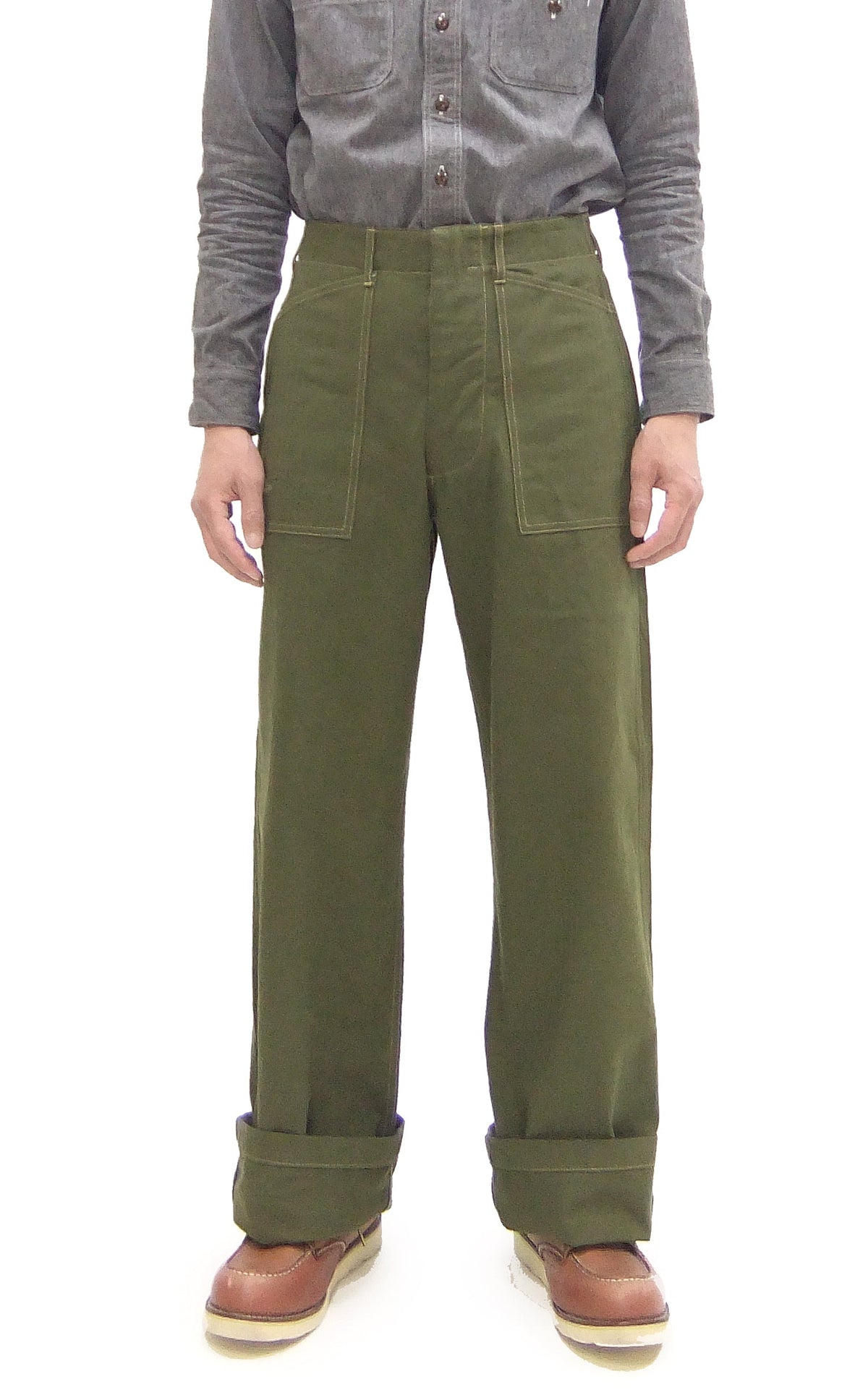 Buzz Rickson Herringbone Pants Men's Baggy Straight, Button Fly, Olive - U.S. Marine Corps M-1941 Utility Trousers Repro