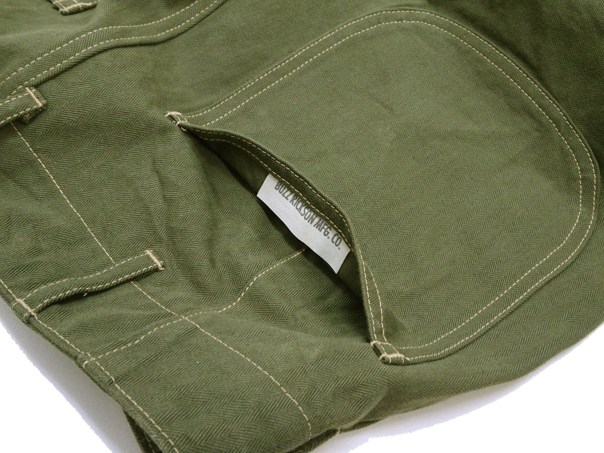 Buzz Rickson Herringbone Pants Men's Baggy Straight, Button Fly, Olive - U.S. Marine Corps M-1941 Utility Trousers Repro