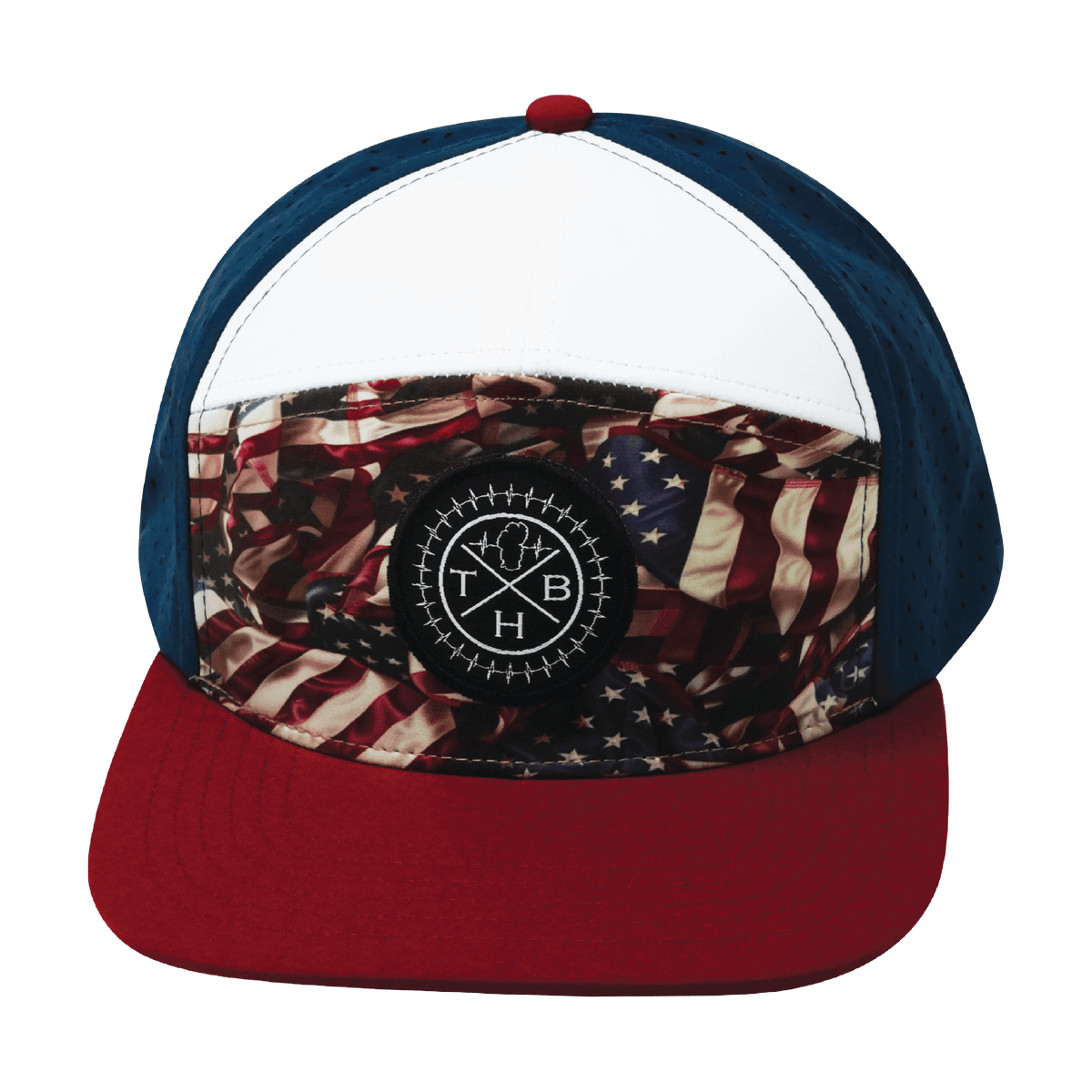 **ADULT** Color Vibes Hat - Flat Bill - Silk Flag - Dark Red / White / Navy - Laser Mesh
