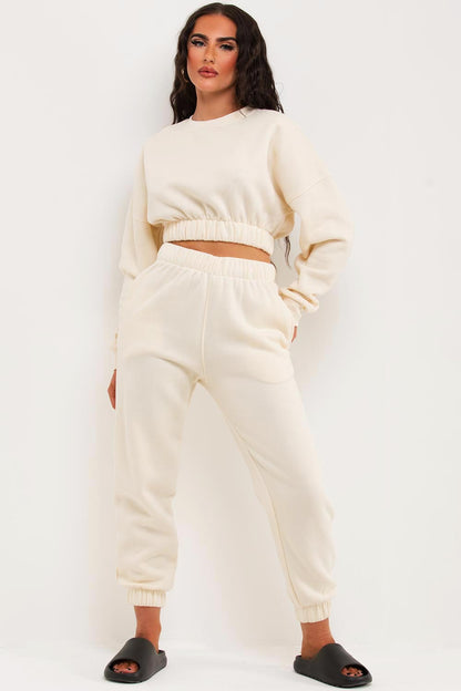 Crop Sweatshirt And Joggers Tracksuit Oatmeal