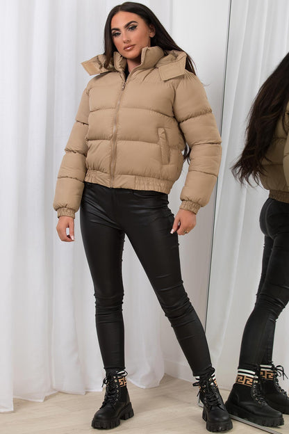 Cropped Puffer Jacket with Hood Beige