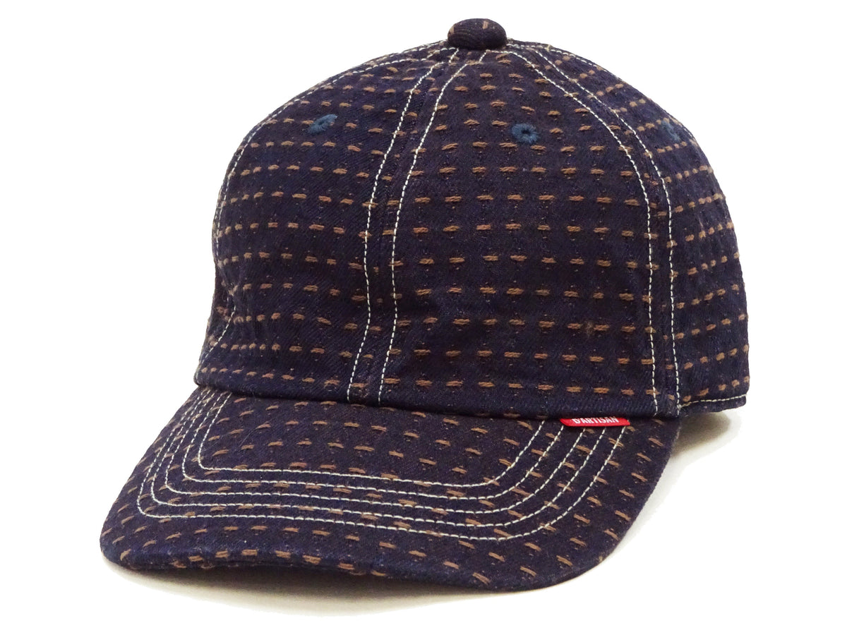 Studio D'Artisan Men's Indigo Denim Baseball Cap with Persimmon-Dyed Sashiko Stitching, Non-Mesh, Pre-Curved Visor, Adjustable Strapback - Made in Japan (SDA D7578)